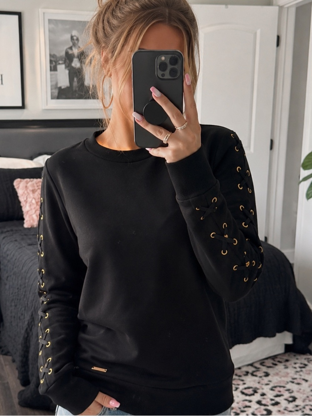 MICHAEL Michael Kors Black Gold Grommet Lace Up Sleeve Sweatshirt XS
